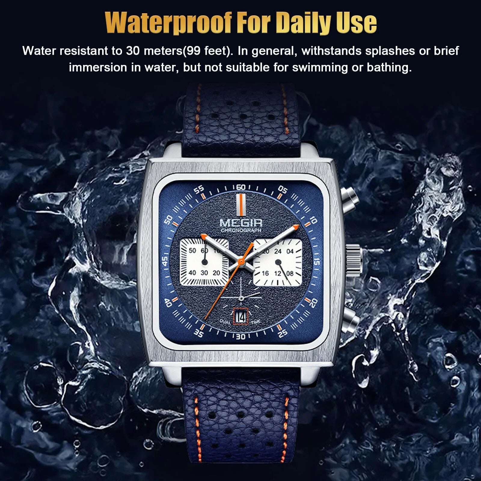 Fashion MEGIR Square Men Watch Luminous Quartz Waterproof Calendar Leather Wrist