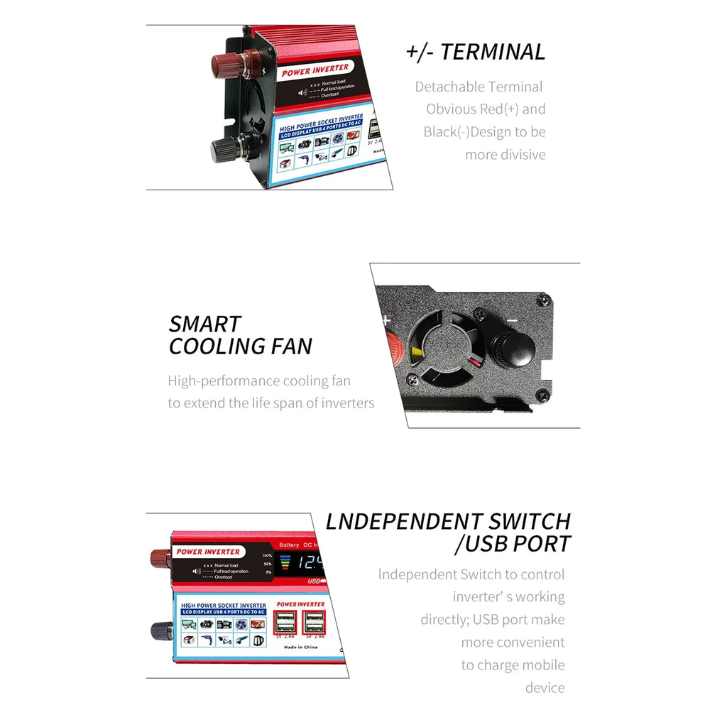 Nebublu Solar Inverter, High Efficiency Sine Inverter for Car RV, Converter with LCD Display, 12V to AC 850-950W, Energy Saving