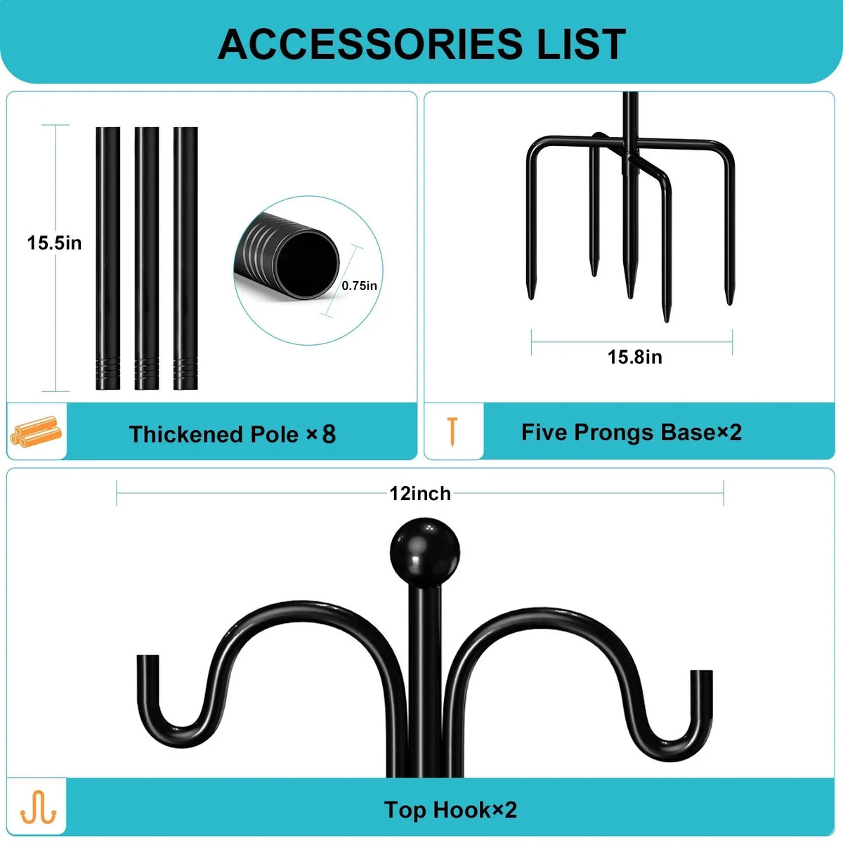 Shepherds Hooks for Outdoor, 76" Double Bird Feeder Poles with 5 Prongs, Upgraded Outdoor Plant Hanger Hooks for Bird Feeder, Plant Baskets(2 Pack)