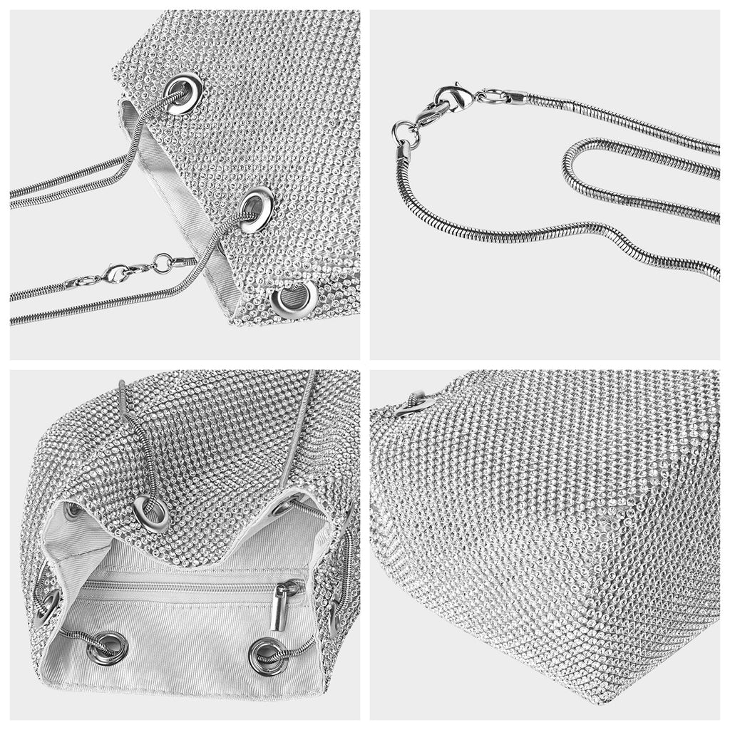 Rhinestone Bucket Bag for Women, Evening Lady Purse, Party Prom Wedding Crossbody Shoulder Handbag (Silver)