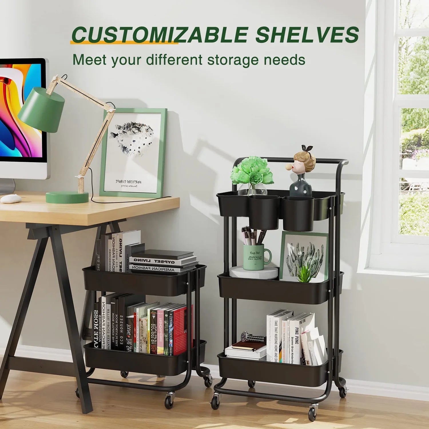 Annvchi Utility Rolling Cart with Wheels3-Tier, Multi-Functional Storage Trolley, Storage Organizer Cart, with Handle Multifunctional Storage Shelves for Kitchen Living Room Office Black