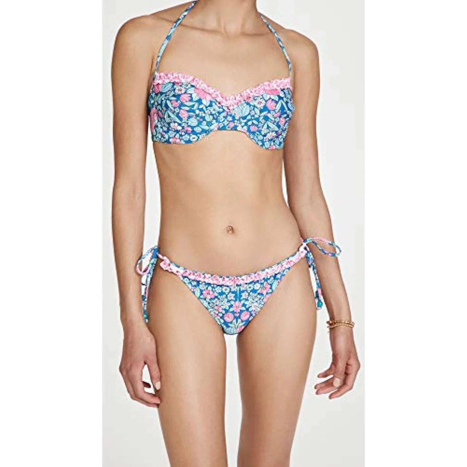 Shoshanna Women's Ruffle String Bikini Bottoms, Navy/Magenta Multi, L