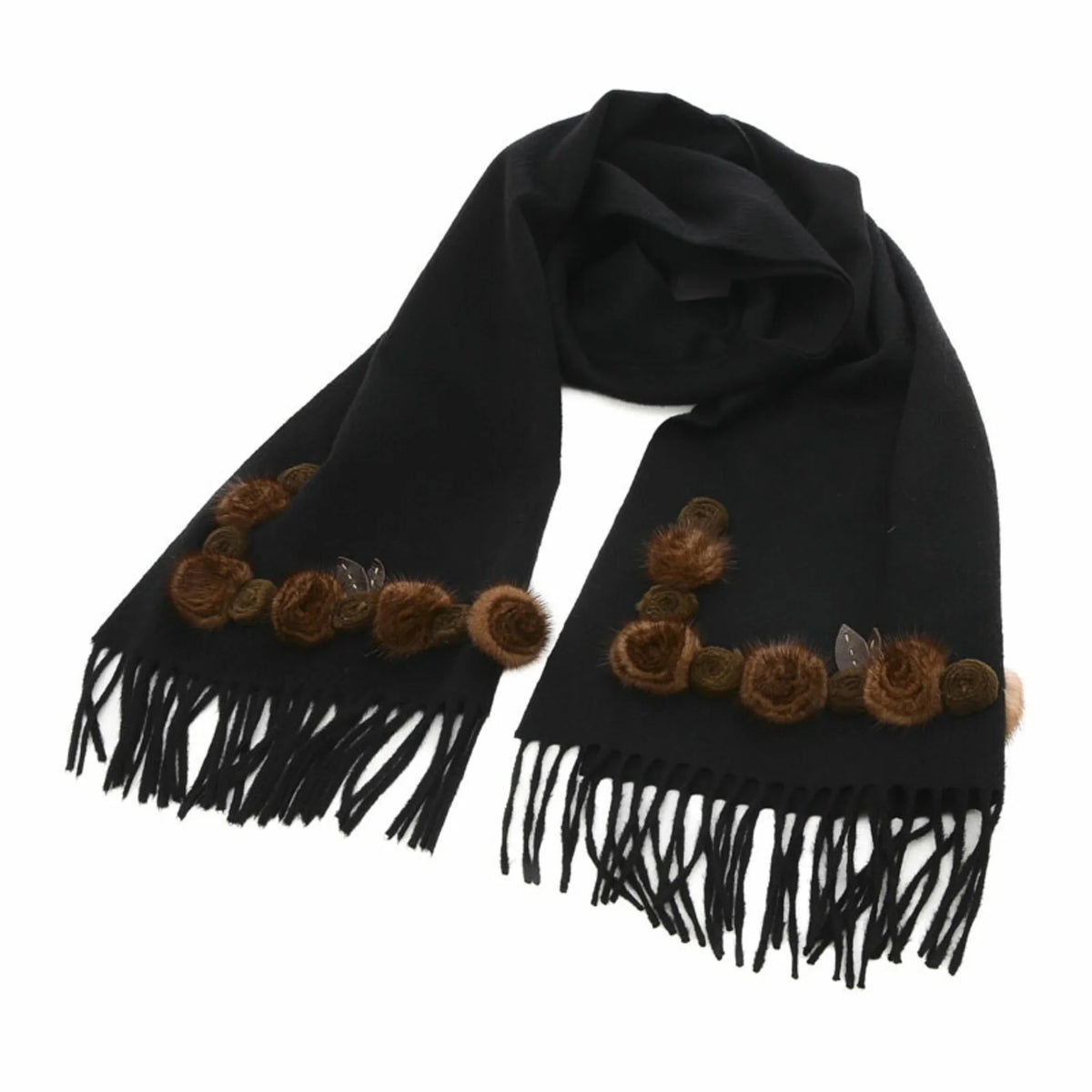 Pre-Owned Fendi Stole Scarf Flower Motif Black 100% Cashmere (Good)