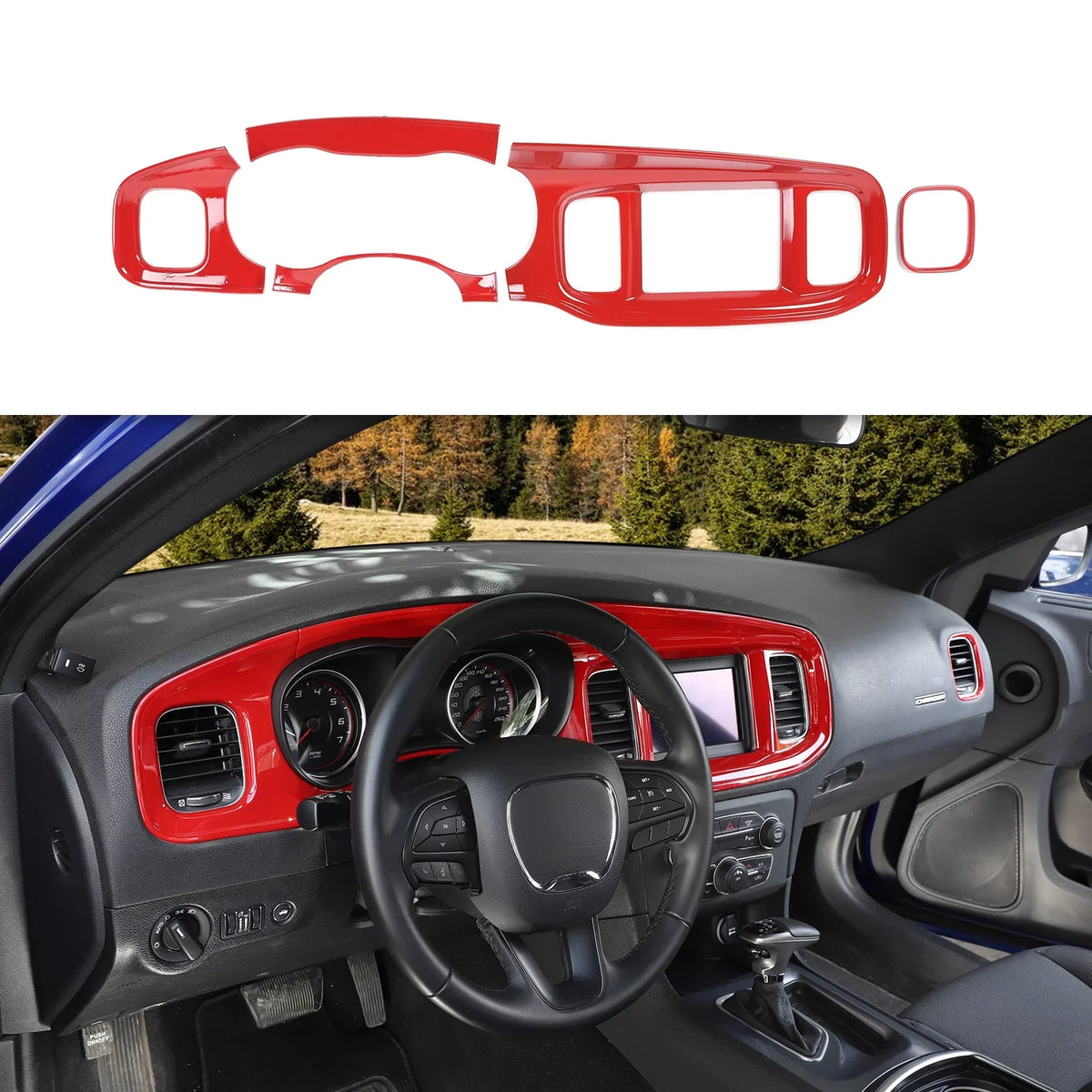 CheroCar Console Center Dash Board Trim Coating Interior for Dodge Charger 2015-2022,Red