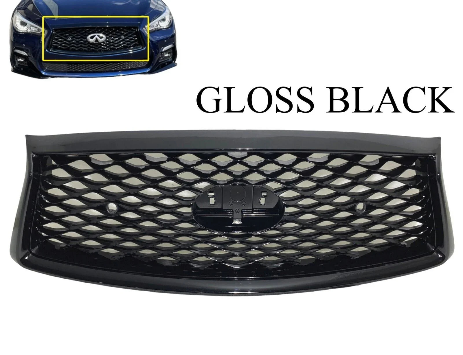 2018 2019 2020 2021 2022 2023 Suitable With Infiniti Q50 Q50s Sport Front Bumper Upper Grille With Sensor Holes And Camera Option Gloss Black