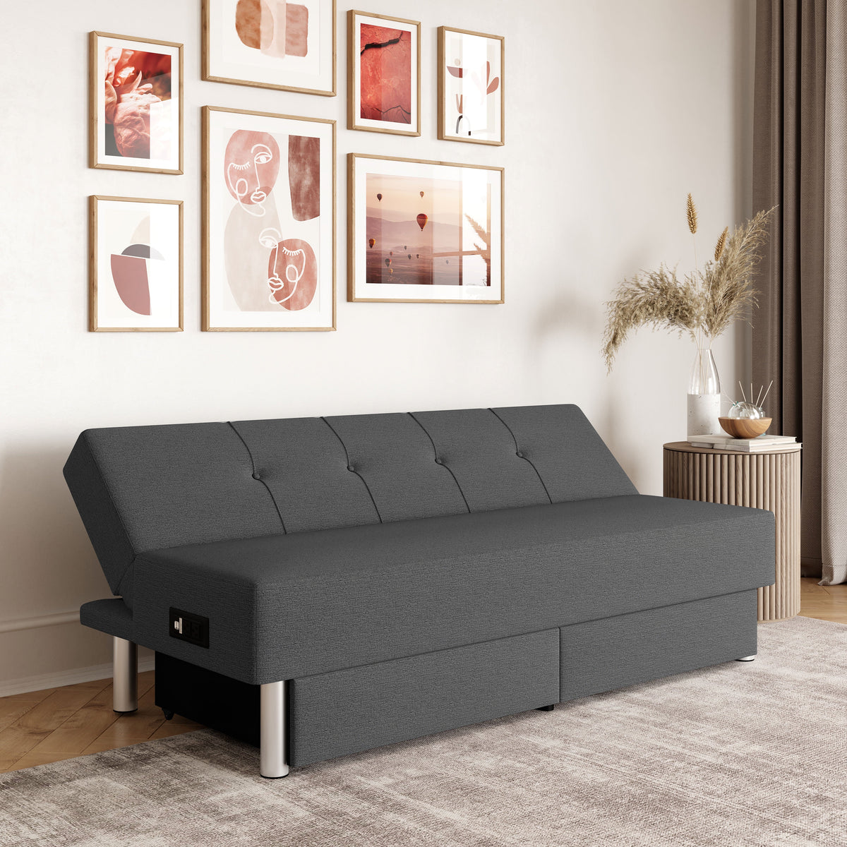 Serta Windsor Futon with Storage and Power, Gray Fabric