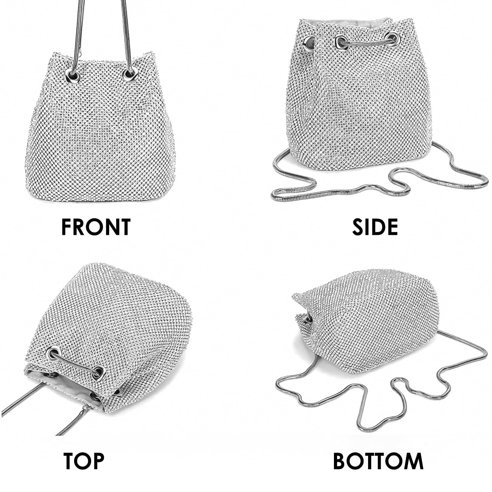 Rhinestone Bucket Bag for Women, Evening Lady Purse, Party Prom Wedding Crossbody Shoulder Handbag (Silver)