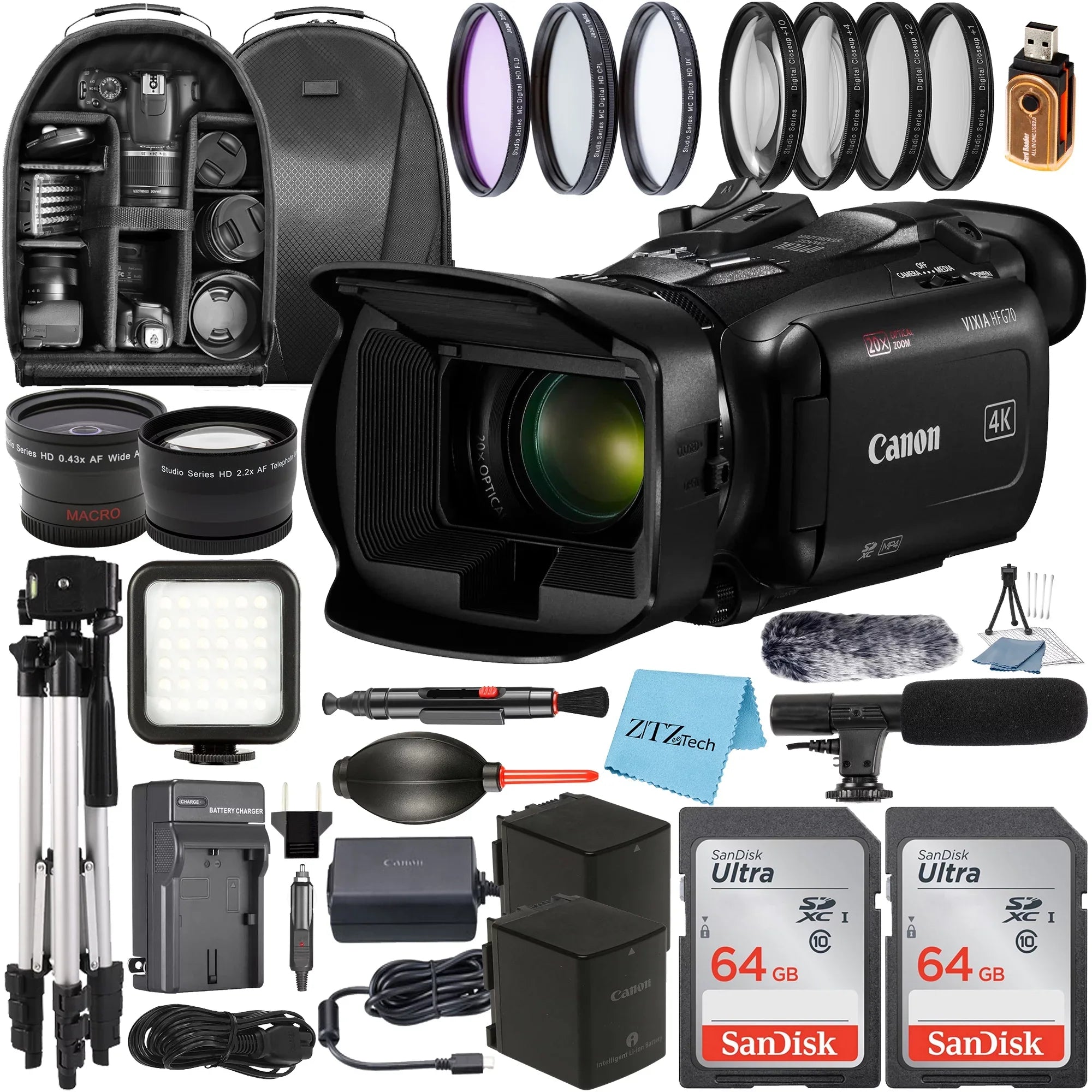 Canon Vixia HF G70 UHD 4K Camcorder with 2 Pack SanDisk 64GB Memory Card + Case + Tripod + Wideangle Lens + ZeeTech Accessory Bundle