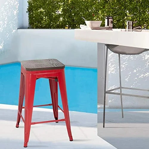 NLTBONNIE 24 Inches Metal Stools Set of 4 Counter Height Wood Seat Barstool Patio Stool Stackable Backless Stool Indoor Outdoor Metal Kitchen Stools Chairs (Red)