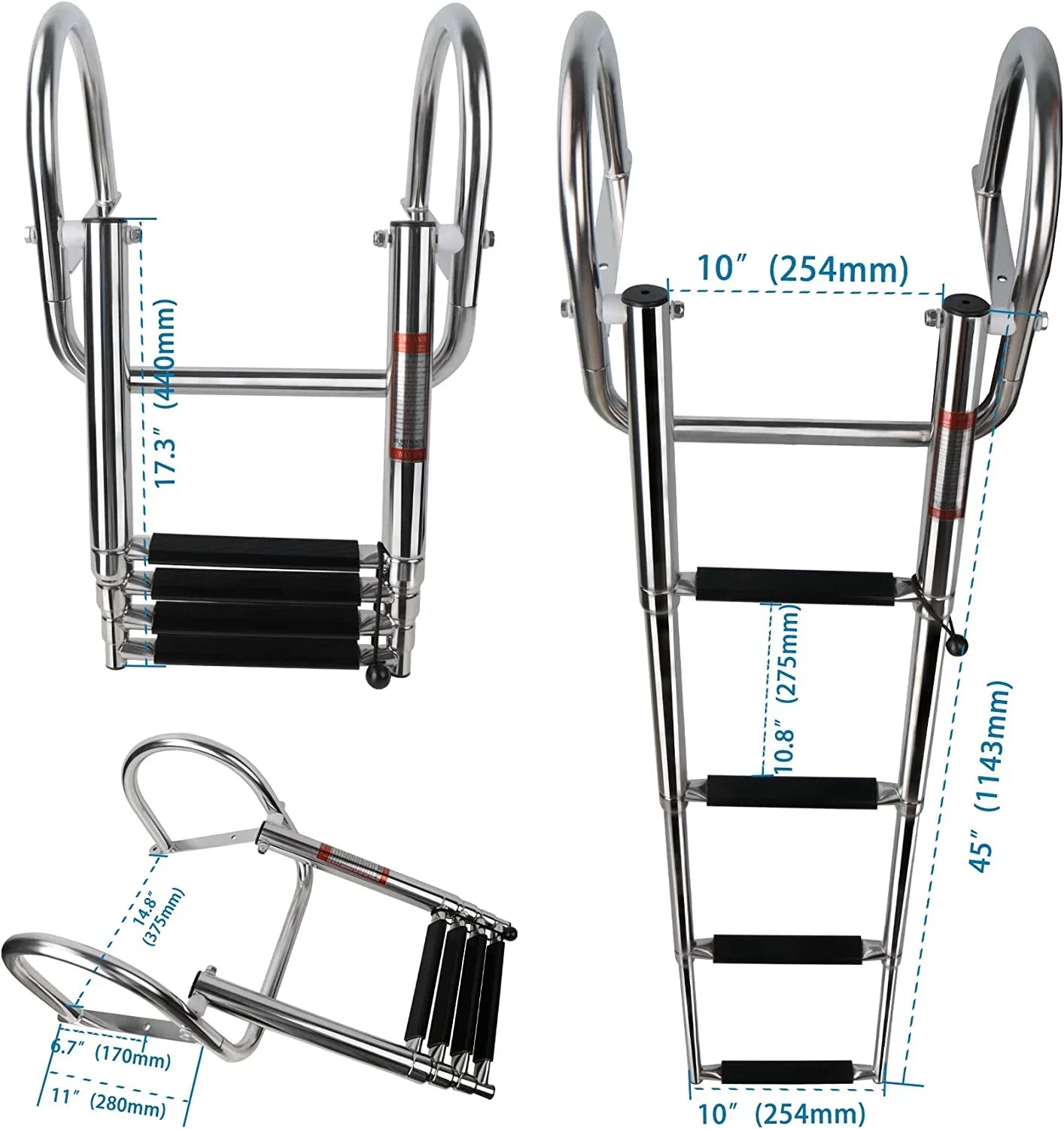 4 Step Pontoon Craft Ladder,Heavy Duty Telescoping Watercraft Boarding Ladder with Wide Steps, Folding Craft Swim Ladder,Dock Ladder with Hand Railings