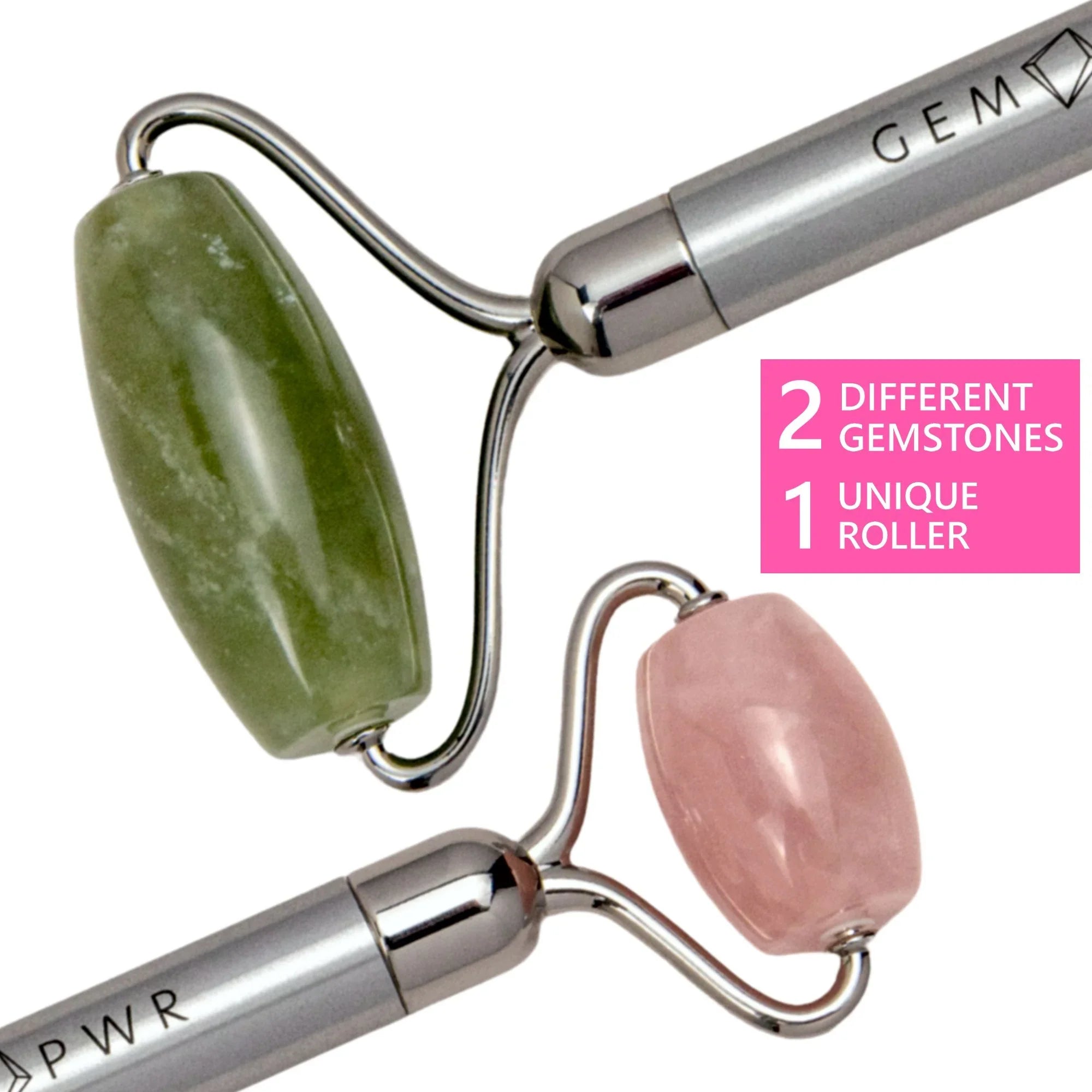 GEM PWR Rose Quartz + Jade Face Roller, Dual Head 2-in-1 with Travel Bag and Strong Steel Handle