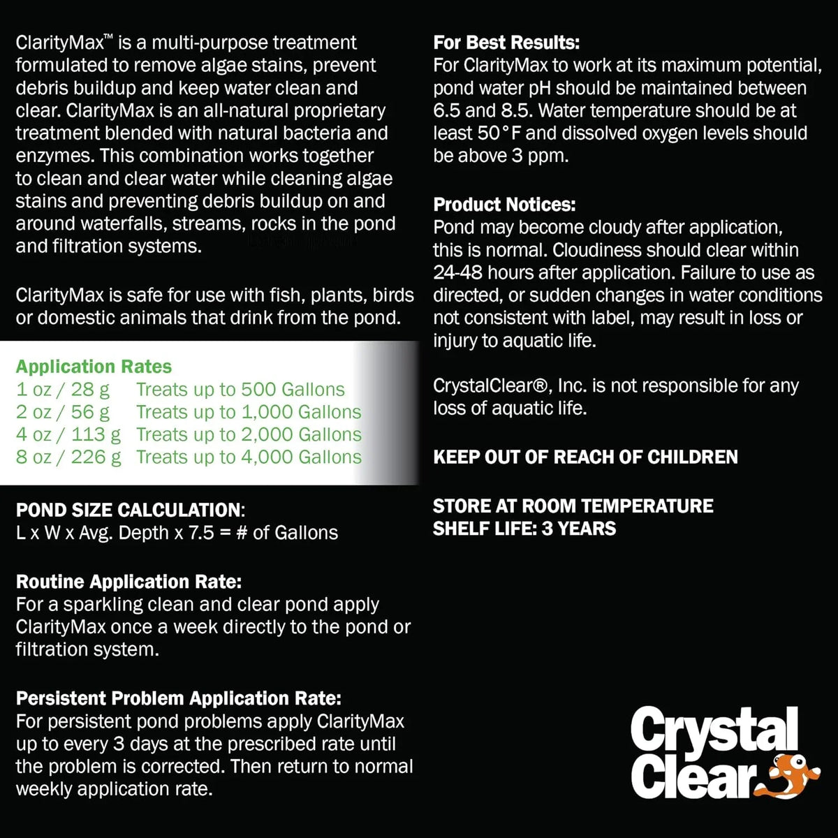 CrystalClear ClarityMax - Pond, Stream & Waterfall Treatment - 6 pounds treats up to 48,000 gallons