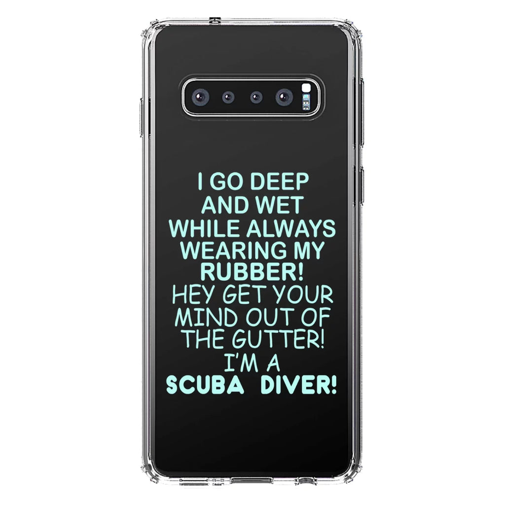 DistinctInk Clear Shockproof Hybrid Case for Samsung Galaxy S10+ PLUS (6.4" Screen) - TPU Bumper Acrylic Back Tempered Glass Screen Protector - I Go Deep & Wet Wearing My Rubber Scuba Diving
