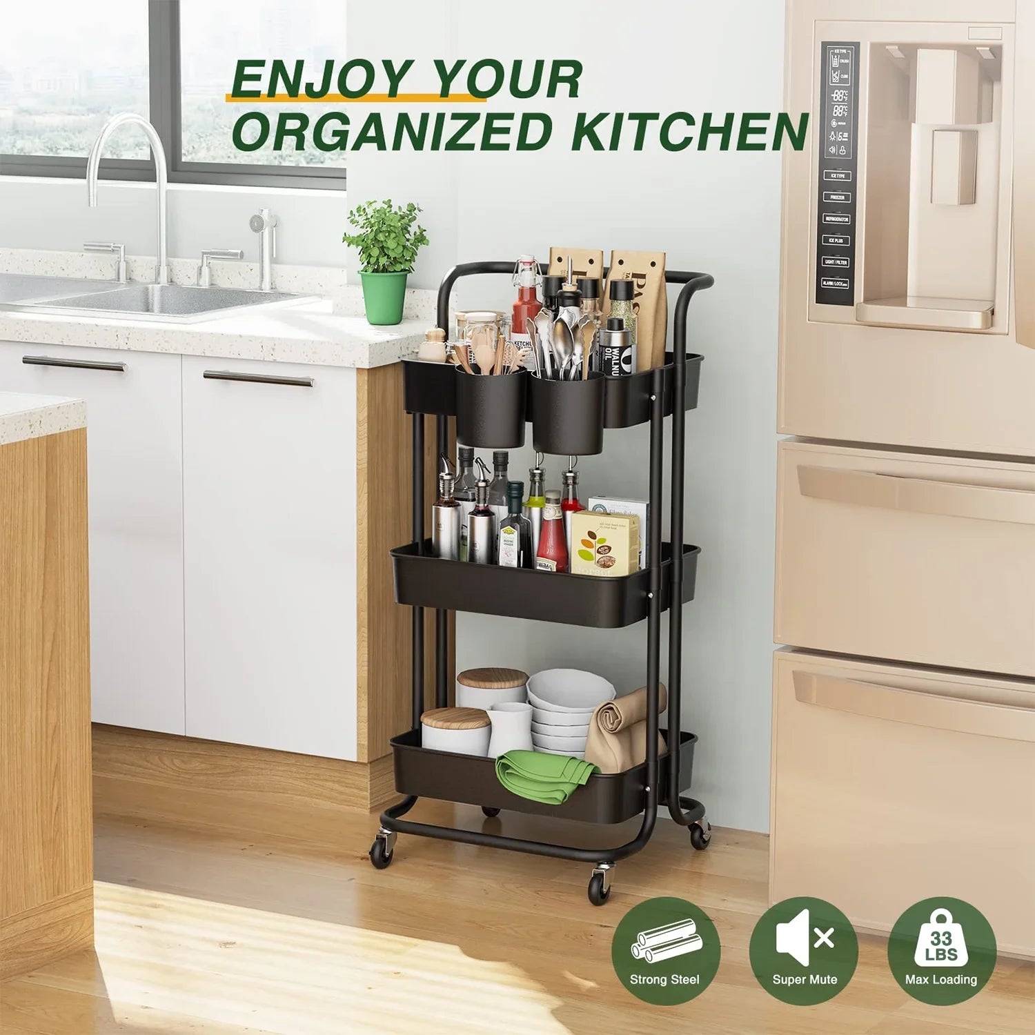 Annvchi Utility Rolling Cart with Wheels3-Tier, Multi-Functional Storage Trolley, Storage Organizer Cart, with Handle Multifunctional Storage Shelves for Kitchen Living Room Office Black