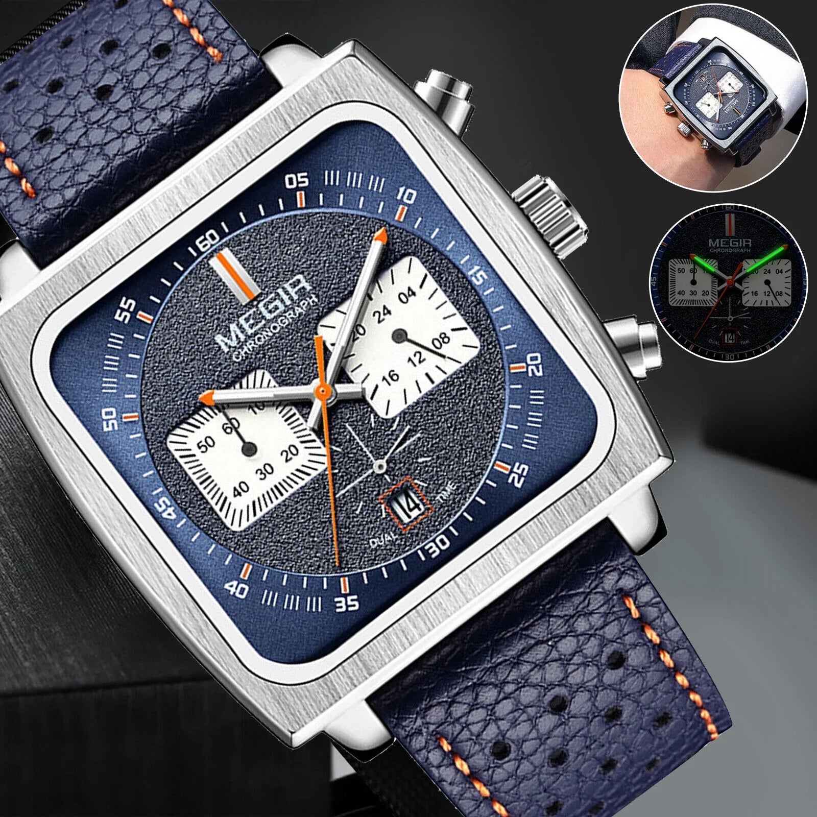 Fashion MEGIR Square Men Watch Luminous Quartz Waterproof Calendar Leather Wrist
