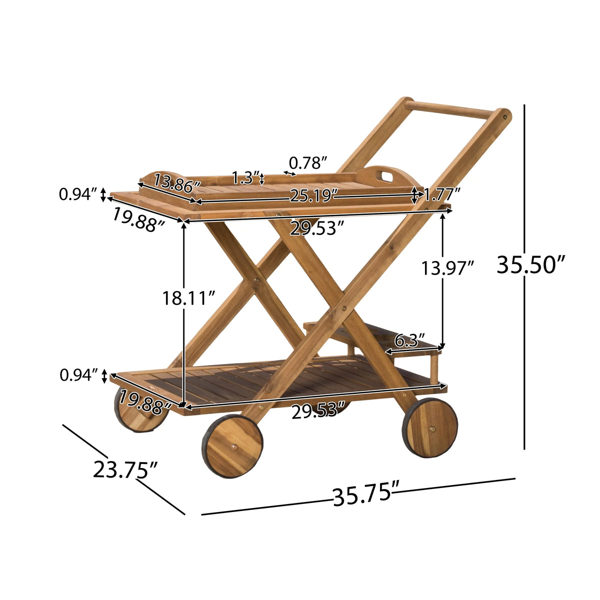 GDF Studio Kenilworth Indoor/Outdoor Acacia Wood 2 Tiered Bar Cart, Natural