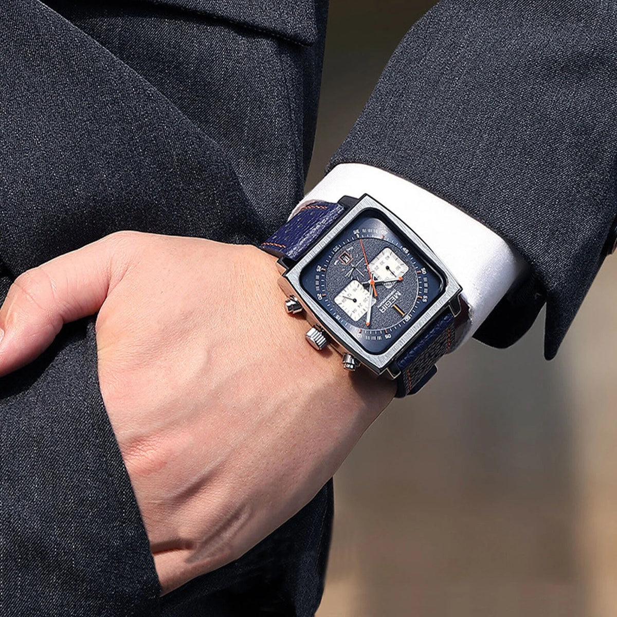 Fashion MEGIR Square Men Watch Luminous Quartz Waterproof Calendar Leather Wrist