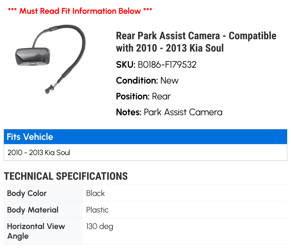 Rear Park Assist Camera - Suitable with 2010 - 2013 Kia Soul 2011 2012