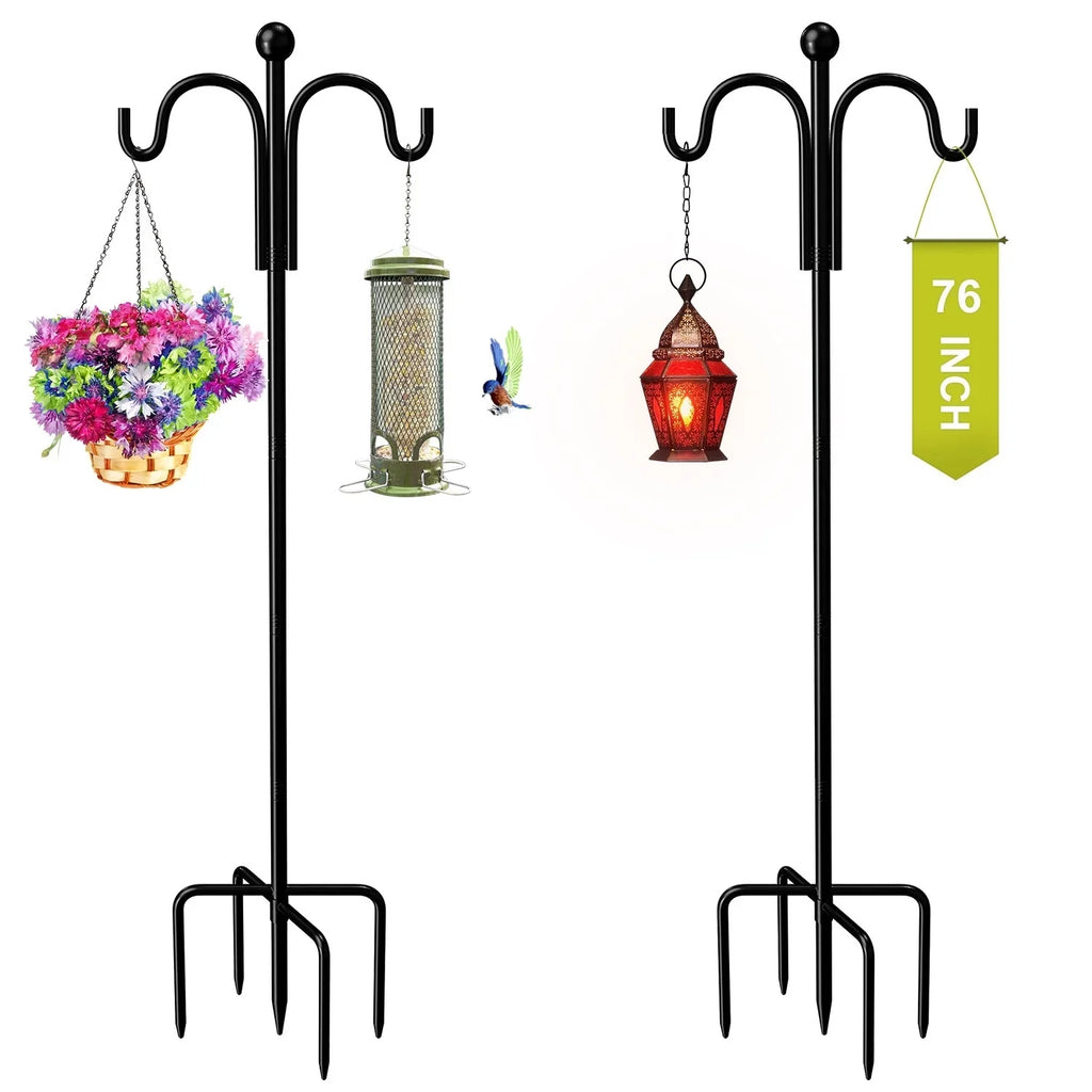 Shepherds Hooks for Outdoor, 76" Double Bird Feeder Poles with 5 Prongs, Upgraded Outdoor Plant Hanger Hooks for Bird Feeder, Plant Baskets(2 Pack)