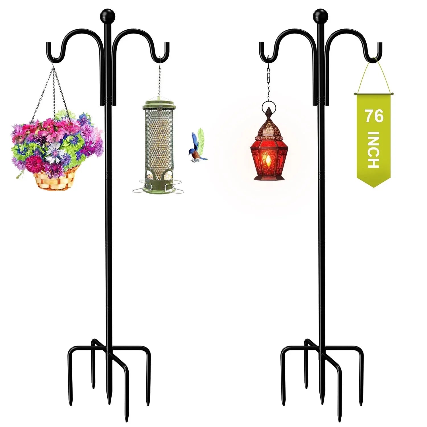 Shepherds Hooks for Outdoor, 76" Double Bird Feeder Poles with 5 Prongs, Upgraded Outdoor Plant Hanger Hooks for Bird Feeder, Plant Baskets(2 Pack)