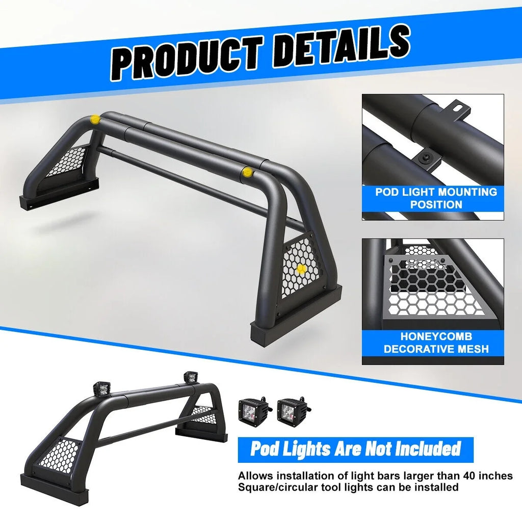 62.9-74.7" Adjustable Truck Roll Sport Bar Chase Rack Bed Bar Fit For 1999-2013 and 2019-2023 Chevy silverado/GMC sierra