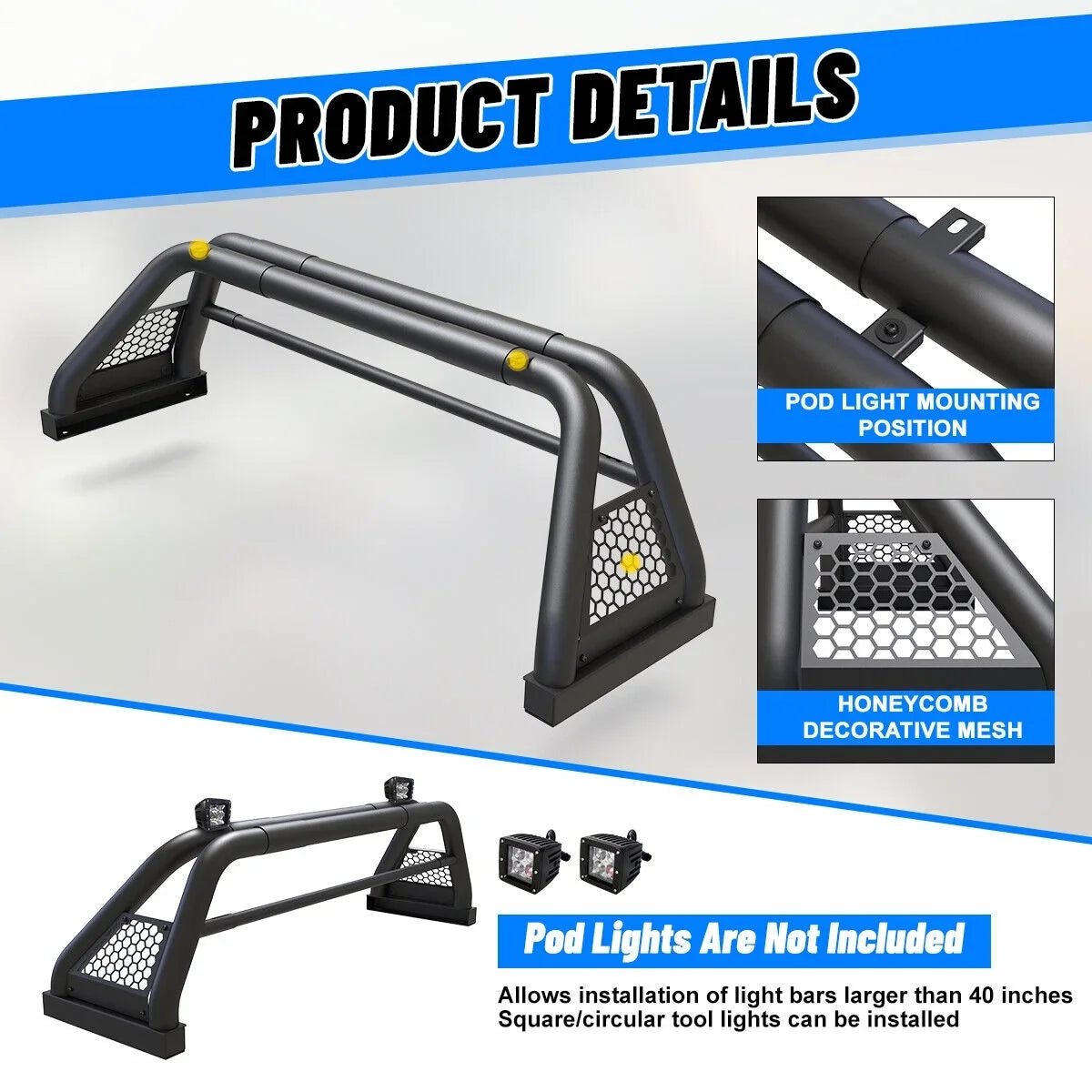 62.9-74.7" Adjustable Truck Roll Sport Bar Chase Rack Bed Bar Fit For 1999-2013 and 2019-2023 Chevy silverado/GMC sierra