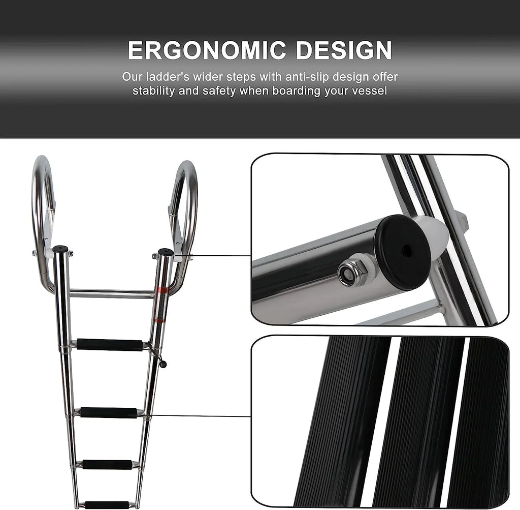 4 Step Pontoon Craft Ladder,Heavy Duty Telescoping Watercraft Boarding Ladder with Wide Steps, Folding Craft Swim Ladder,Dock Ladder with Hand Railings