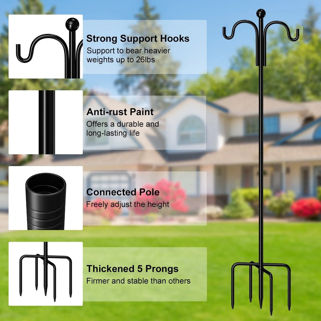 Shepherds Hooks for Outdoor, 76" Double Bird Feeder Poles with 5 Prongs, Upgraded Outdoor Plant Hanger Hooks for Bird Feeder, Plant Baskets(2 Pack)