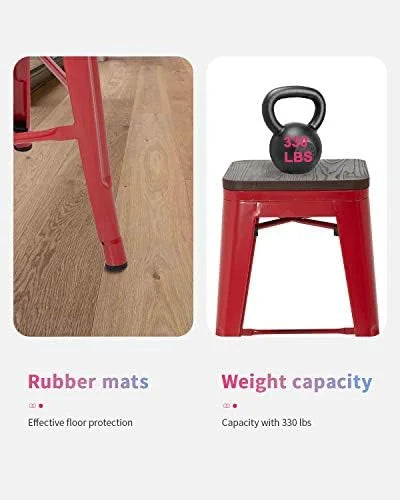 NLTBONNIE 24 Inches Metal Stools Set of 4 Counter Height Wood Seat Barstool Patio Stool Stackable Backless Stool Indoor Outdoor Metal Kitchen Stools Chairs (Red)