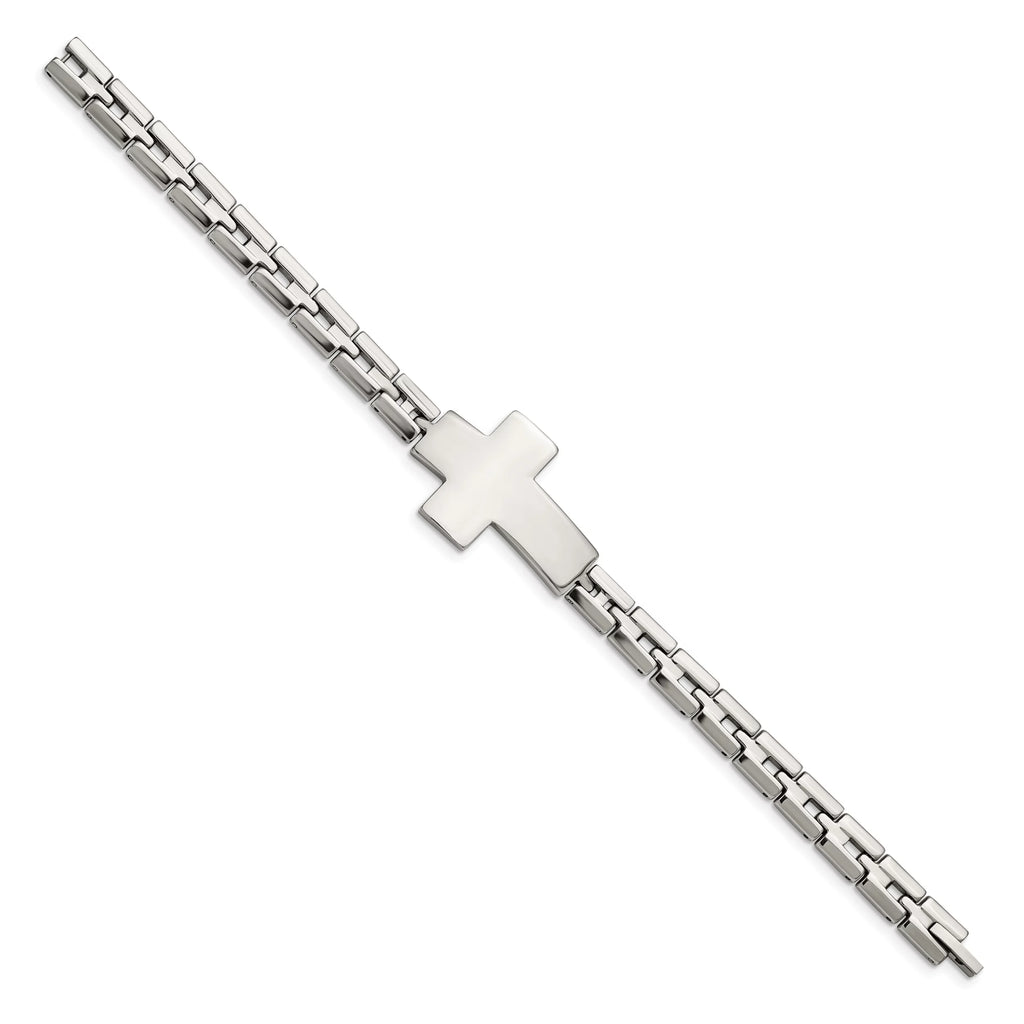Primal Steel Stainless Steel Polished Cross 8 Inch Link Bracelet
