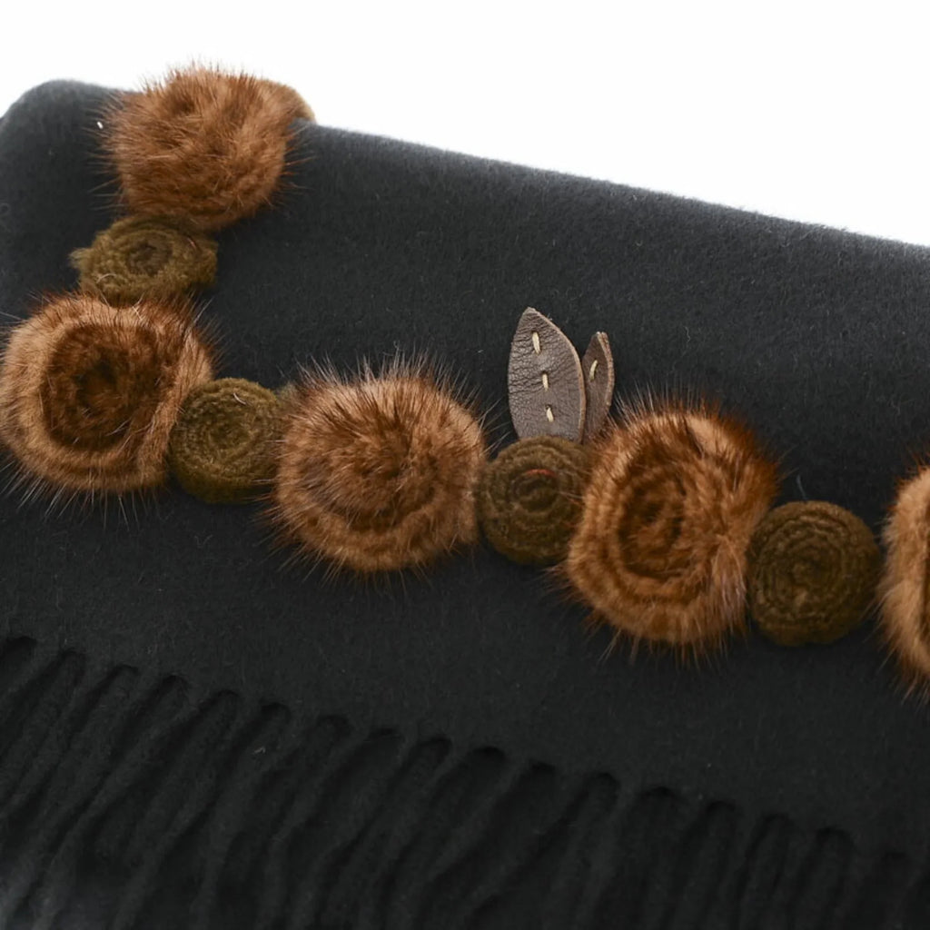 Pre-Owned Fendi Stole Scarf Flower Motif Black 100% Cashmere (Good)