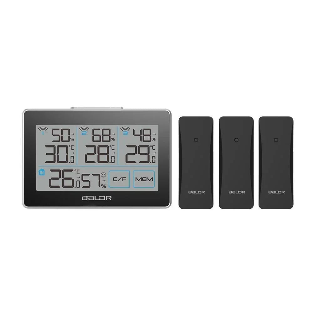 BALDR Digital Wireless Condition Station with 3 Remote Sensors, Real-Time Humidity Meter and Temperature Tracker with LCD, Touchscreen, Built-in Stand and Hanging Slot, 262 ft Max Distance - Black