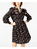 JILL STUART Womens Black Printed Ruffled Long Sleeve Shirt Dress L