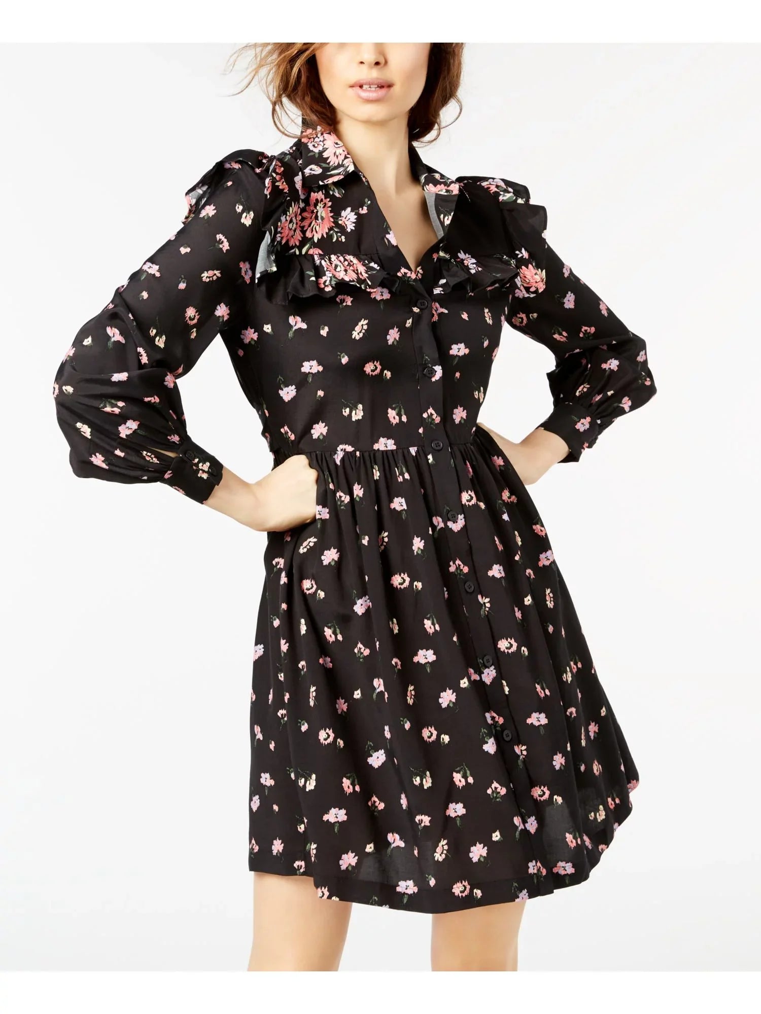 JILL STUART Womens Black Printed Ruffled Long Sleeve Shirt Dress L