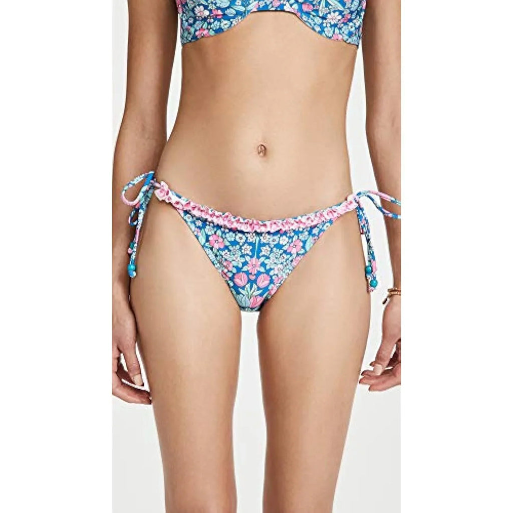 Shoshanna Women's Ruffle String Bikini Bottoms, Navy/Magenta Multi, L