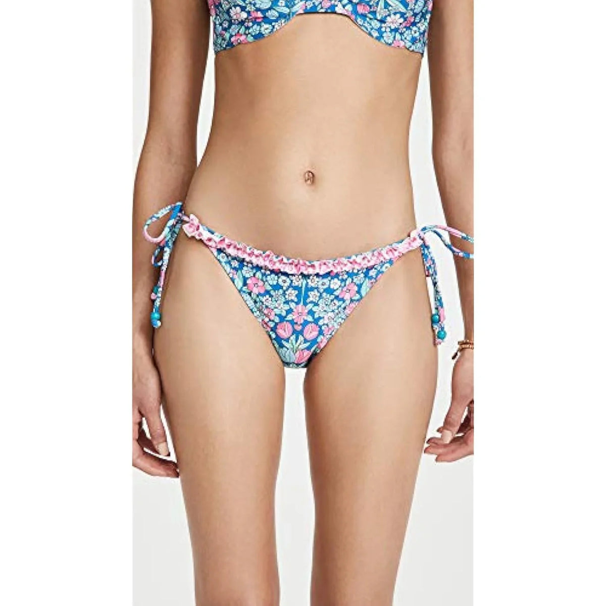 Shoshanna Women's Ruffle String Bikini Bottoms, Navy/Magenta Multi, L