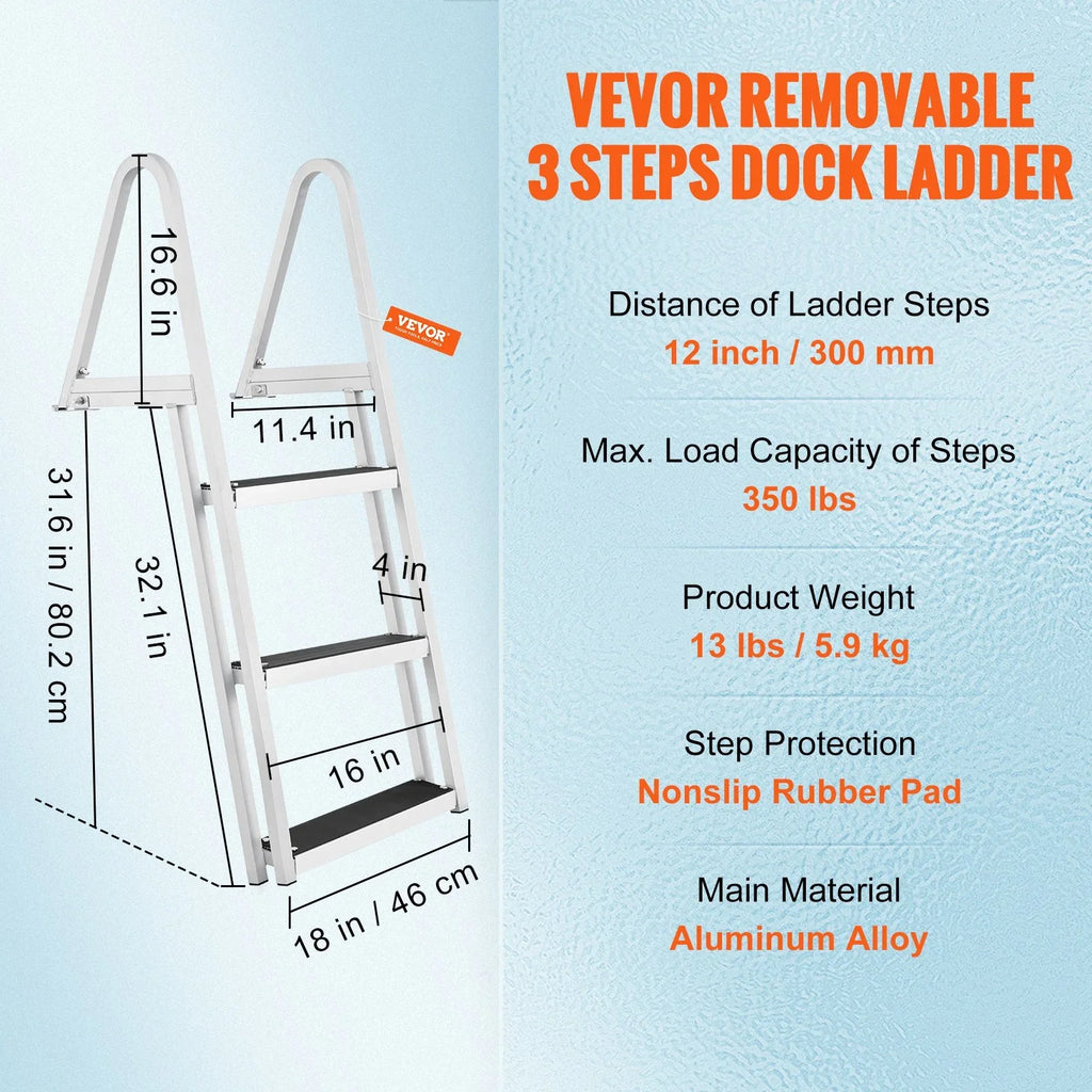 VEVOR Removable 3-Step Dock Ladder - 350 lbs Capacity, Aluminum Alloy with 4'' Wide Nonslip Steps, Simple Installation for Craft Lakes, Pools & Marine Access