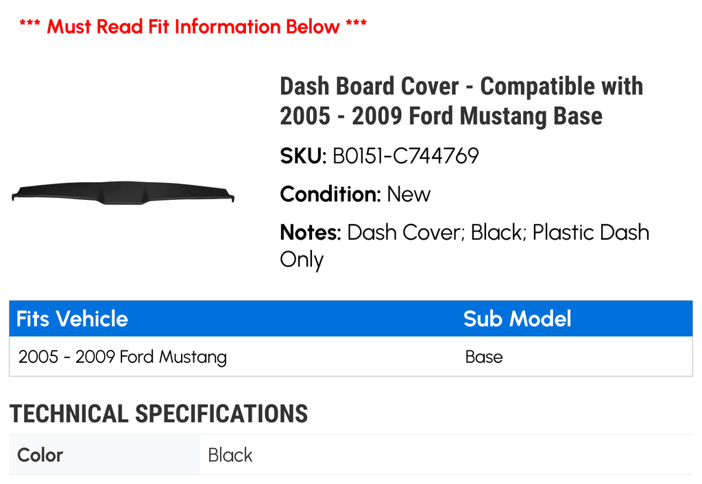 Dash Board Wrap - Fitting with 2005 - 2009 Ford Mustang Base 2006 2007 2008