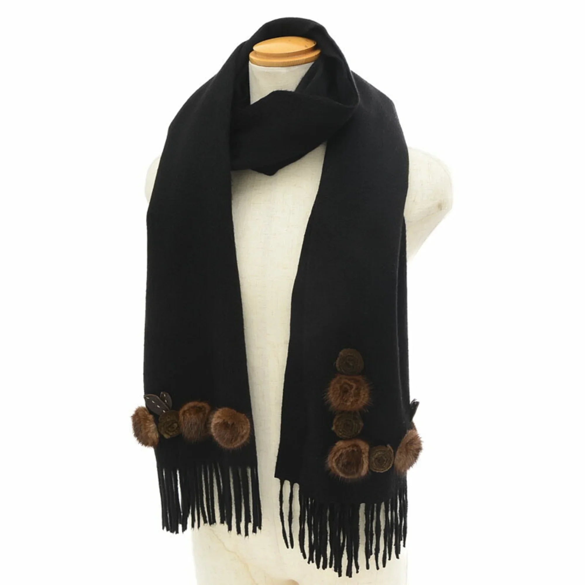 Pre-Owned Fendi Stole Scarf Flower Motif Black 100% Cashmere (Good)