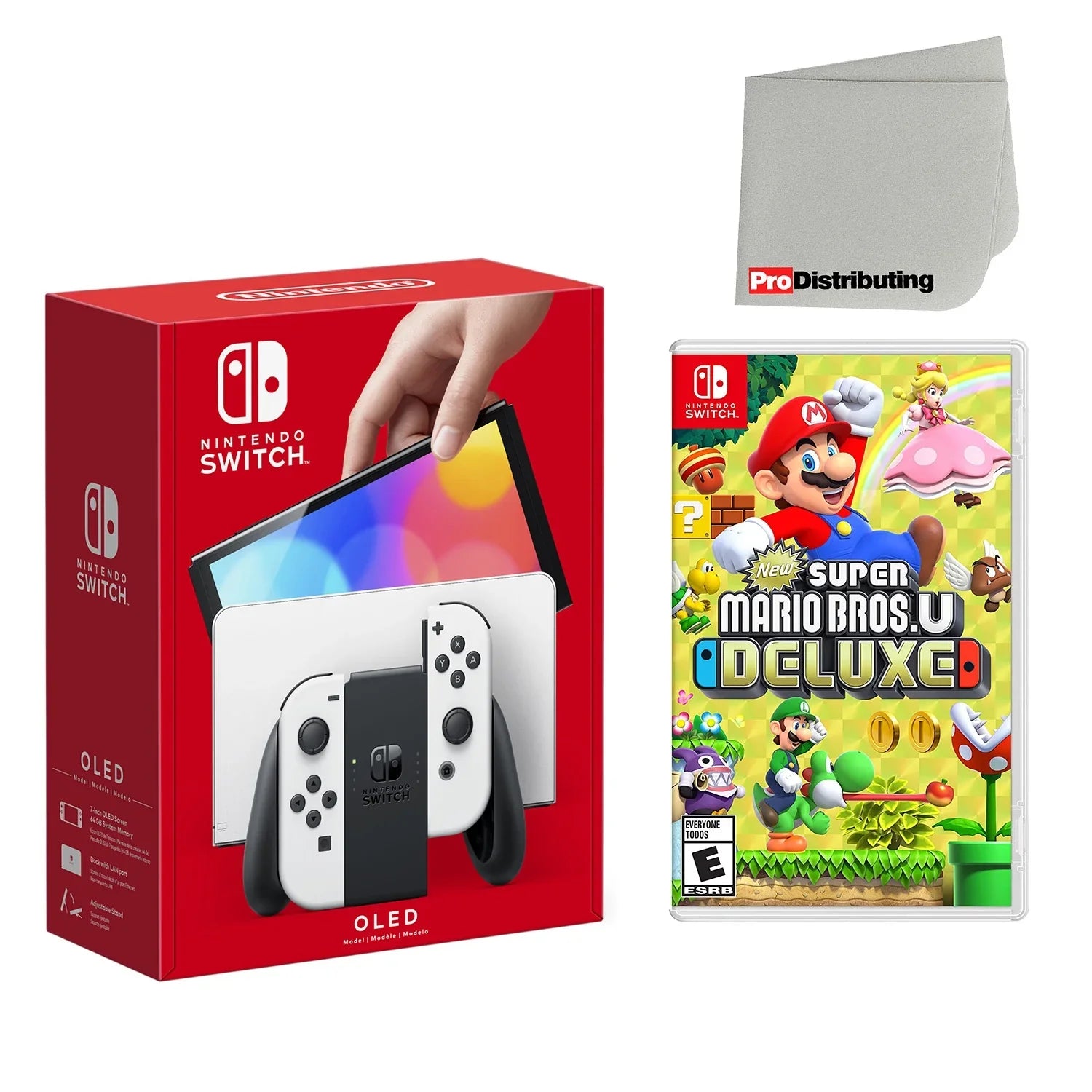 Nintendo Switch OLED Console White with New Super Mario Bros. U Deluxe and Screen Cleaning Cloth - Import with US Plug
