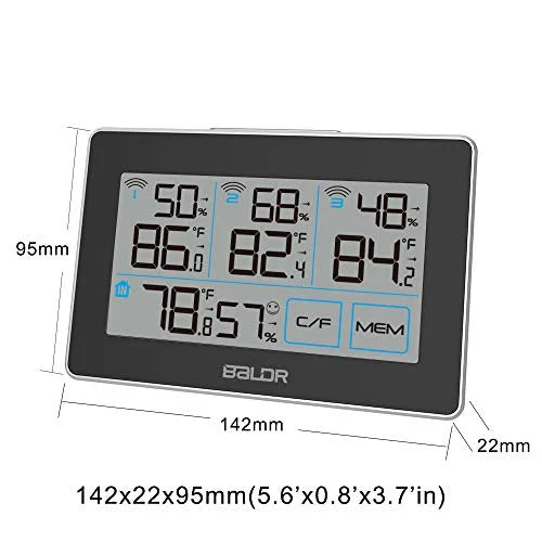 BALDR Digital Wireless Condition Station with 3 Remote Sensors, Real-Time Humidity Meter and Temperature Tracker with LCD, Touchscreen, Built-in Stand and Hanging Slot, 262 ft Max Distance - Black