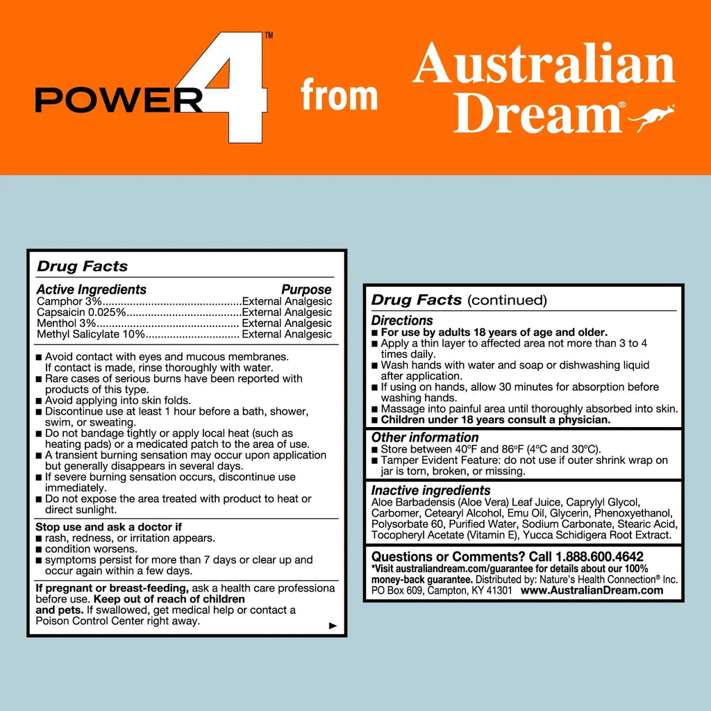 Power 4 - Muscle and Joint Pain Relief Cream - Powerful Topical Pain Relief Cream with Warming & Cooling Sensations - 4oz Jar - By Australian Dream