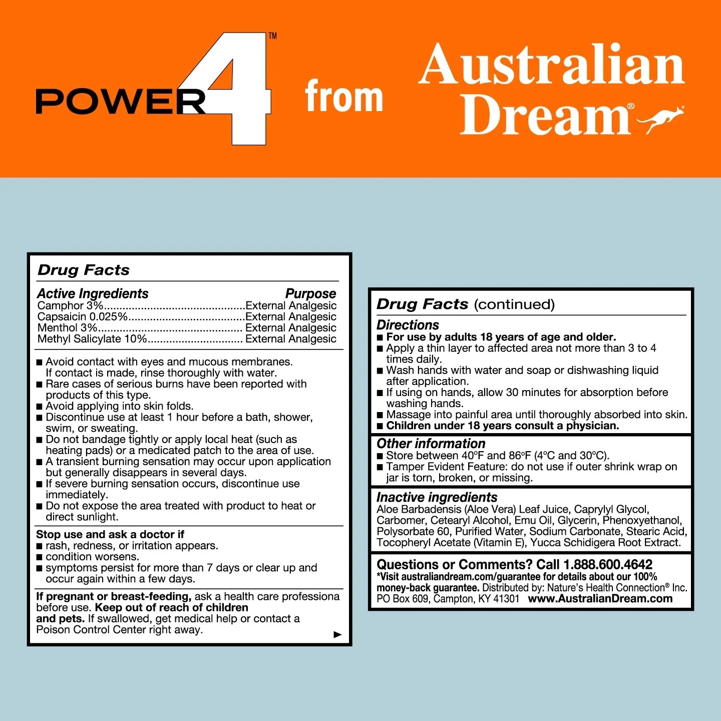Power 4 - Muscle and Joint Pain Relief Cream - Powerful Topical Pain Relief Cream with Warming & Cooling Sensations - 4oz Jar - By Australian Dream