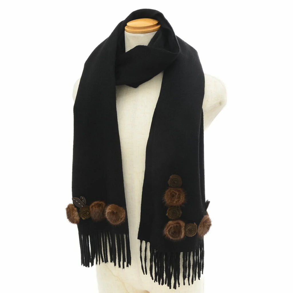 Pre-Owned Fendi Stole Scarf Flower Motif Black 100% Cashmere (Good)