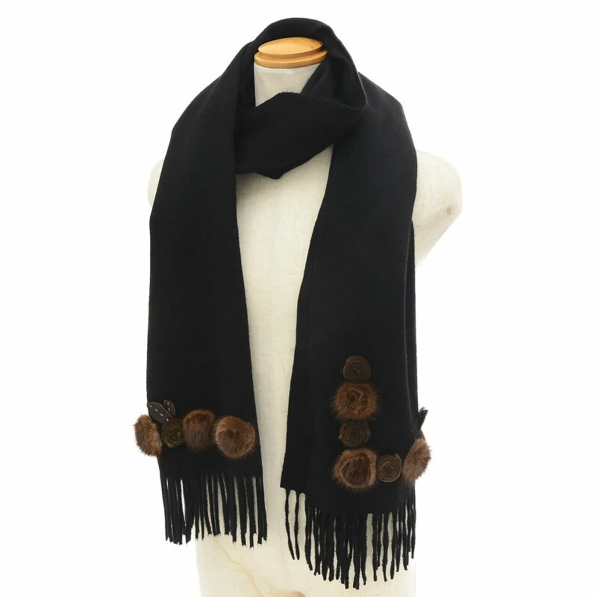 Pre-Owned Fendi Stole Scarf Flower Motif Black 100% Cashmere (Good)