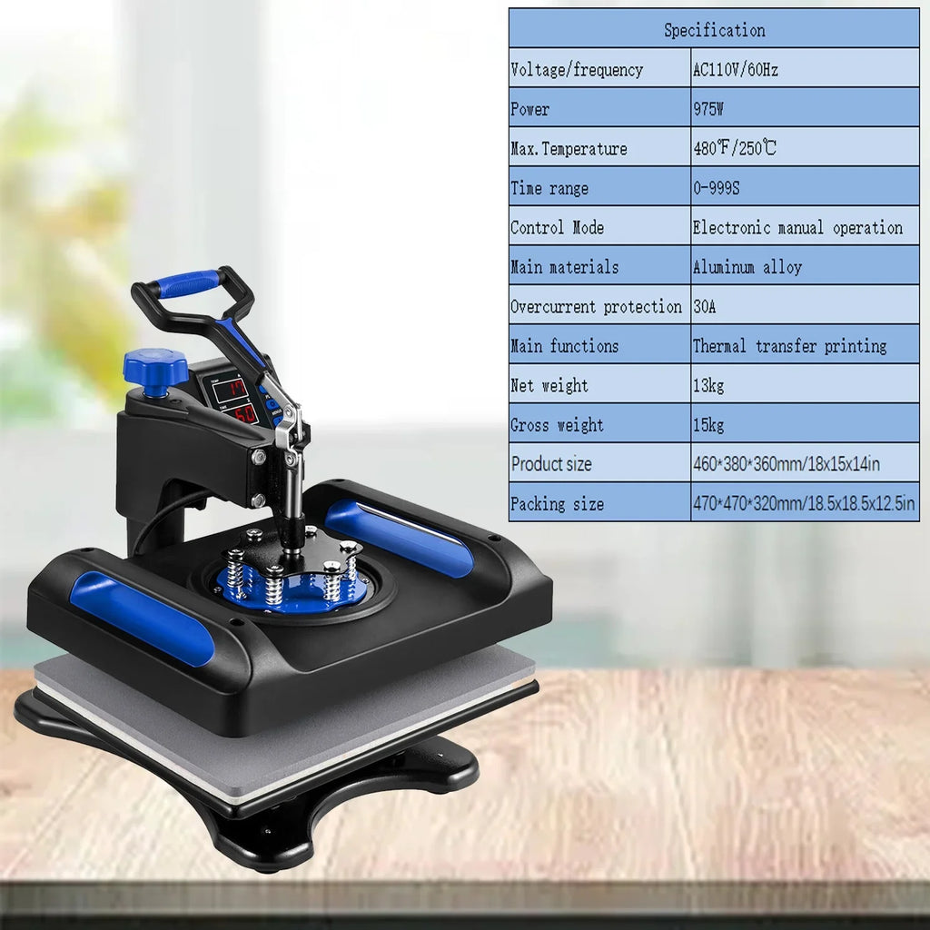 Blue Heat Press Machine 975W, 15 x 15 Inches Sublimation Transfer Printer, Digital Precise LCD Control Printing, 360 Swing Away Vinyl Transfer Printer for T-Shirts, Canvas Bag, Pillow, Banner