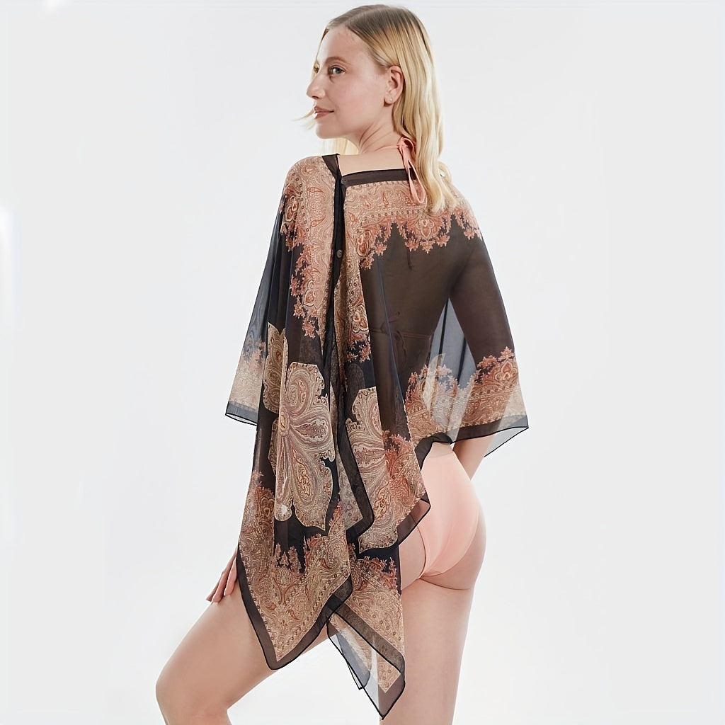 Jkzcp Fashionable Sun Protection Vintage Paisley Print Shawl Bikini Coating Up With Button
