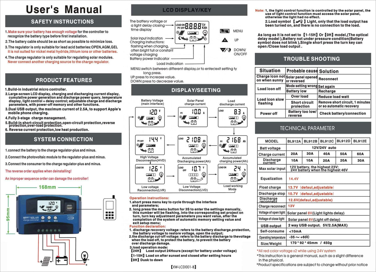 Htovila 30A-100A Solar Charge Controller Solar Panel Charge Controller Dual USB Charge Regulator Intelligent Adjustable Parameter LCD Display