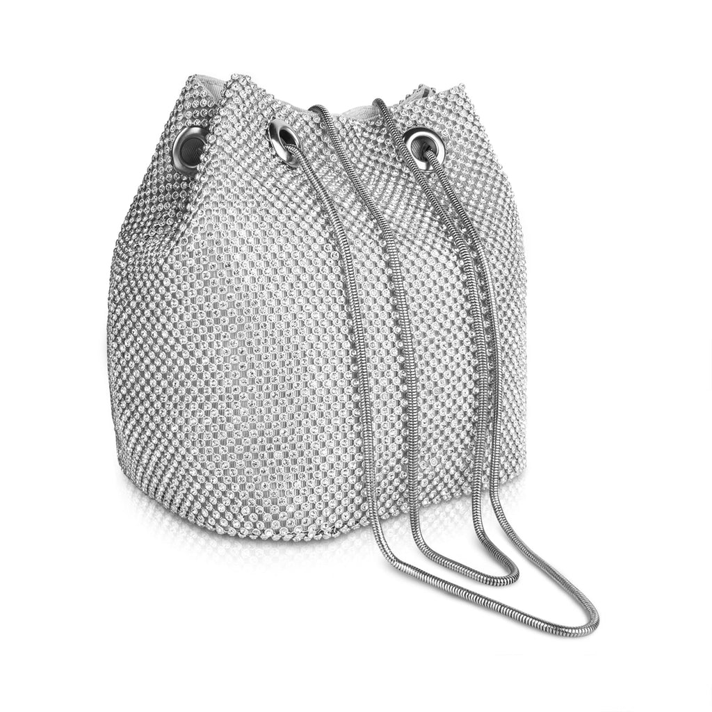 Rhinestone Bucket Bag for Women, Evening Lady Purse, Party Prom Wedding Crossbody Shoulder Handbag (Silver)