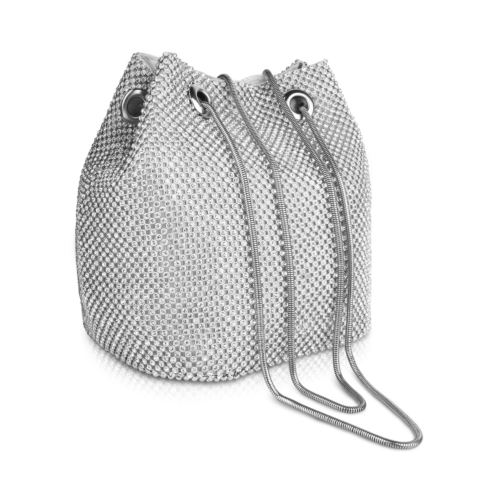 Rhinestone Bucket Bag for Women, Evening Lady Purse, Party Prom Wedding Crossbody Shoulder Handbag (Silver)